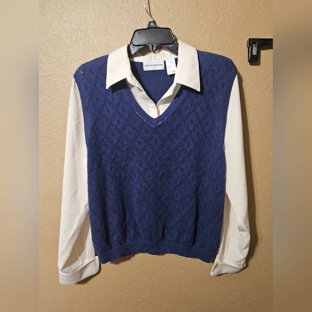 Womens Alfred Dunner Collared Vest 2 In 1 Sweater Navy Vintage 90s Sz Large